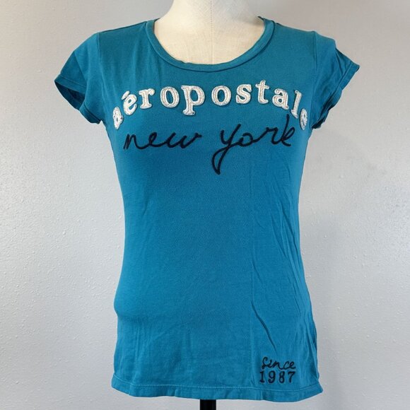 Aeropostale Tops - Aeropostale Womens Blue Graphic T-Shirt "New York" Embroidered Logo Medium